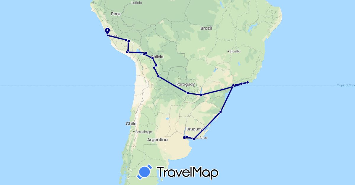 TravelMap itinerary: driving in Argentina, Bolivia, Brazil, Peru, Paraguay, Uruguay (South America)